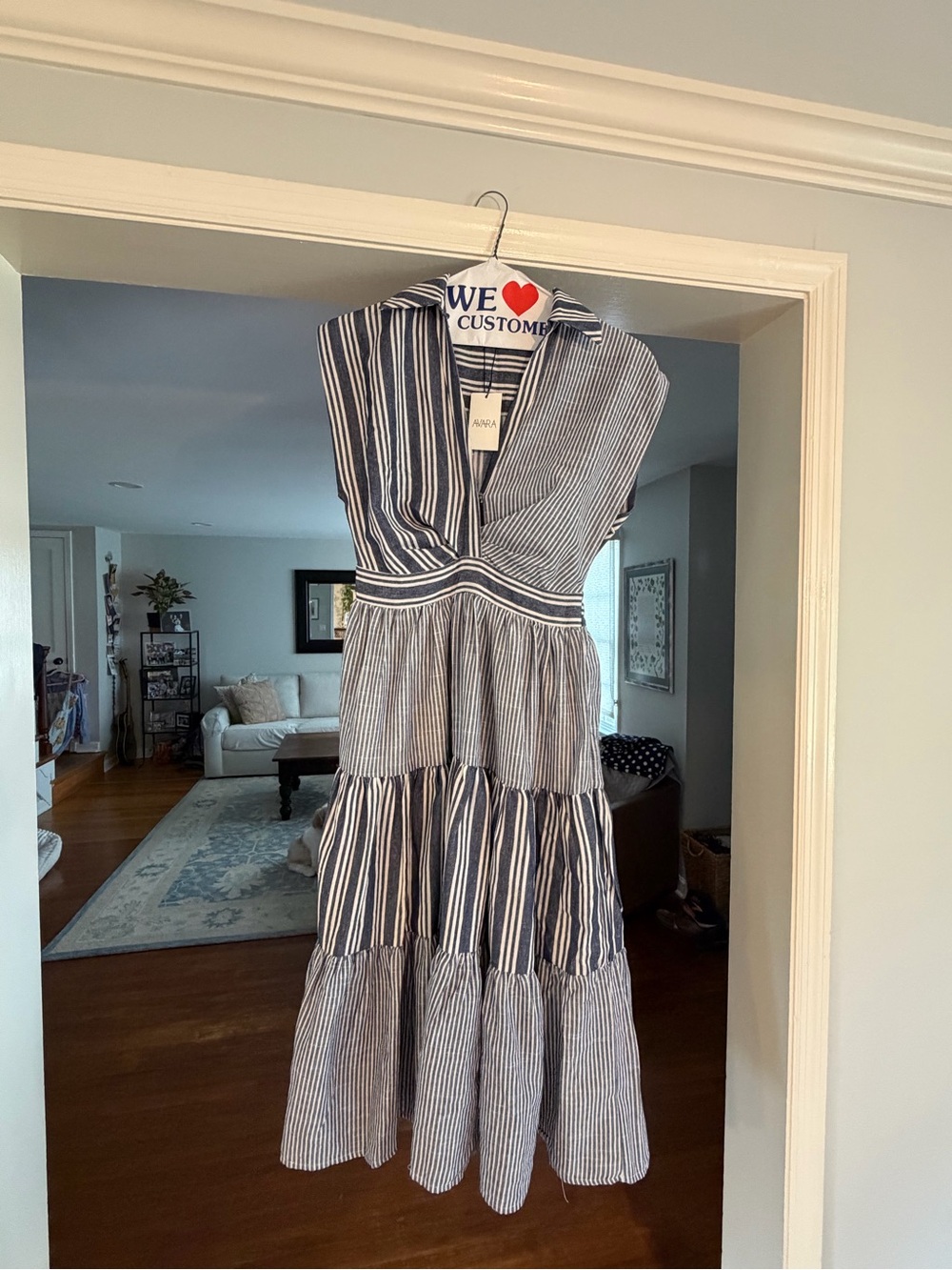 THML Navy, White & Aqua Striped Tiered Maxi Dress
